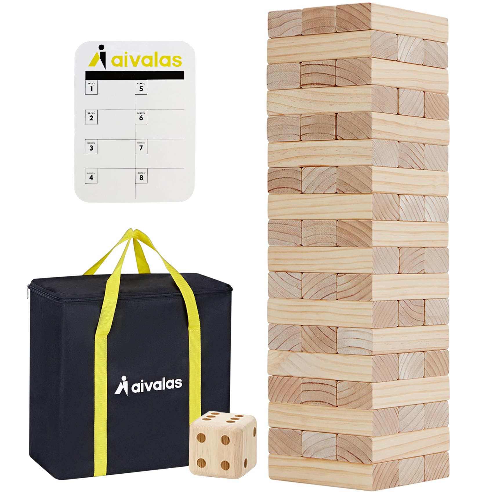 Aivalas Giant Tumble Tower assembled outdoors on grass with 57 wooden blocks