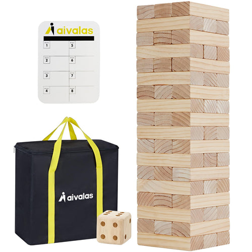 Aivalas Giant Tumble Tower assembled outdoors on grass with 57 wooden blocks