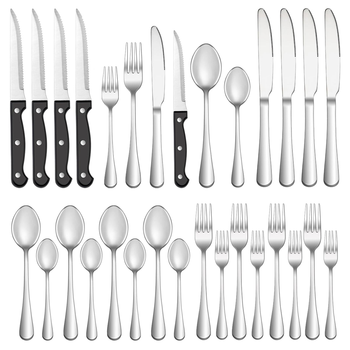 24-piece stainless steel flatware including steak knives on dining table