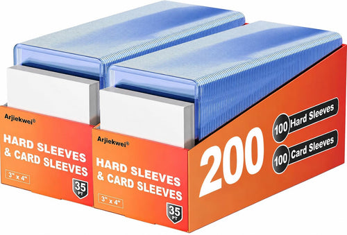 Stack of Arjiekwei 3x4 35PT rigid hard plastic trading card sleeves, 400 count