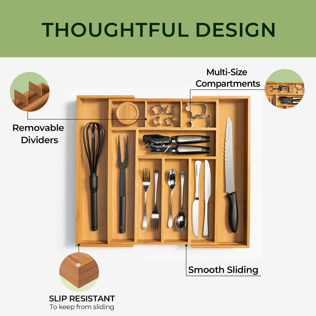 keechee Carbonized Bamboo Kitchen Drawer Organizer, 10 Slots Expandable Silverware Organizer, Utensil Holder & Cutlery Tray, 2.2" Deep for Extra Capacity, Non-Slip Feet Included image 6
