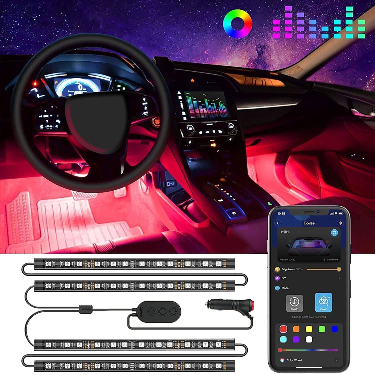 Govee RGB LED strip lights installed along a car interior footwell emitting blue and purple glow