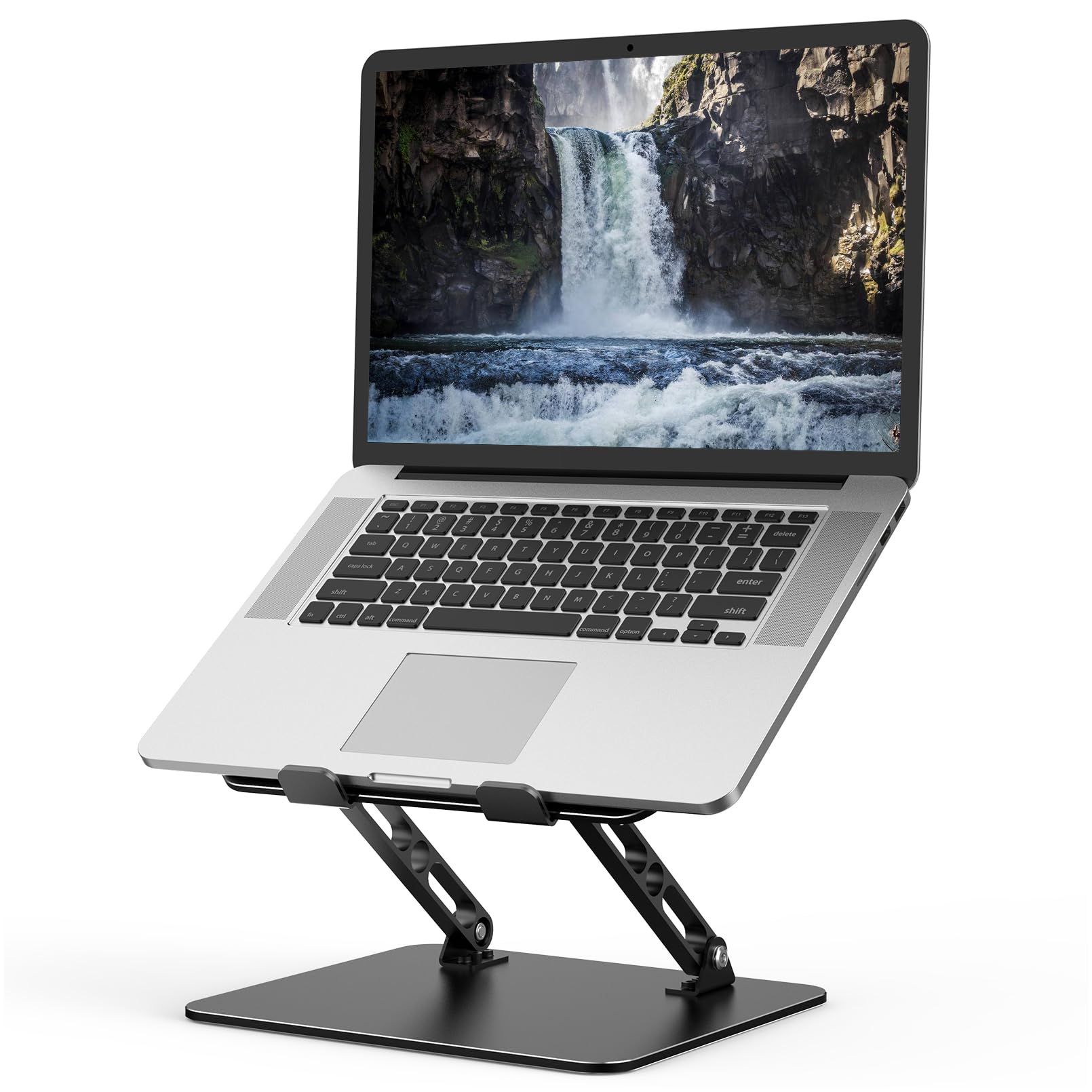 Gogoonike adjustable metal laptop stand on a desk holding a laptop