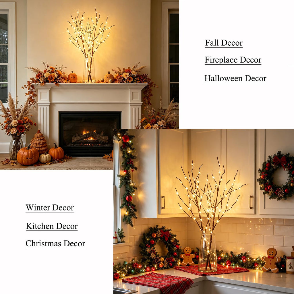 Hairui Lighted Brown Branches Battery Operated with Timer 32IN 100 LED Fairy Lights, Willow Branch Lights for Home Bedroom Fireplace Christmas Holiday Decoration Indoor Outdoor Use (Vase Excluded) image 5