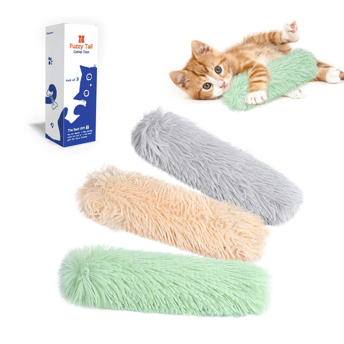 Three Potaroma catnip-filled pillow cat toys on white background