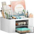 White Marbrasse pen organizer featuring two drawers, five compartments on a desk.