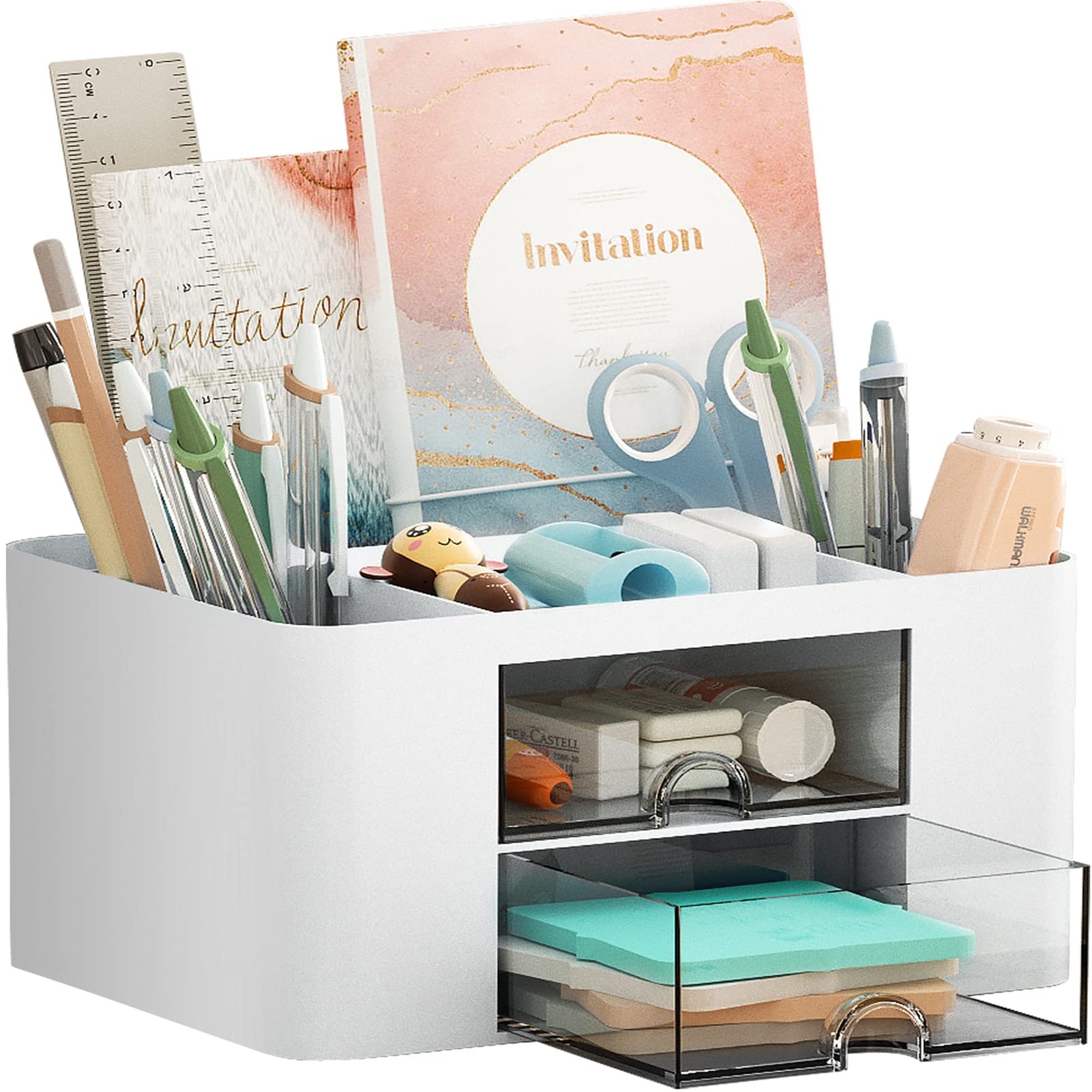 White Marbrasse pen organizer featuring two drawers, five compartments on a desk.