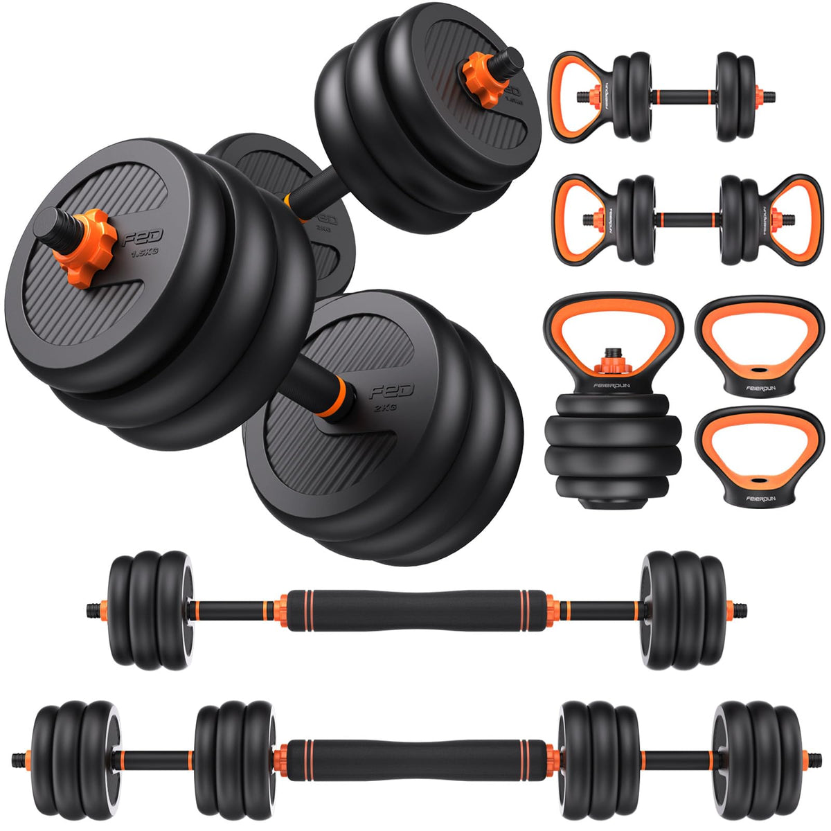 FEIERDUN adjustable dumbbells showing weight plates, connector