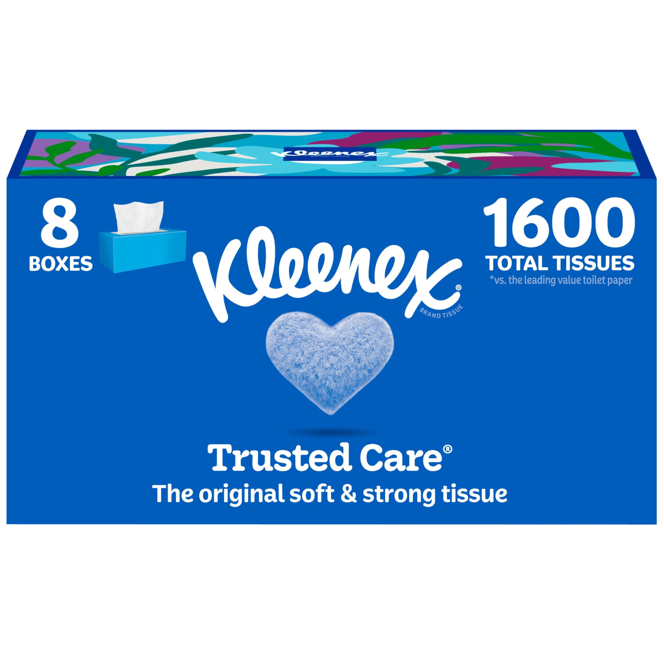 Eight Kleenex flat boxes of facial tissues, 200 tissues per box