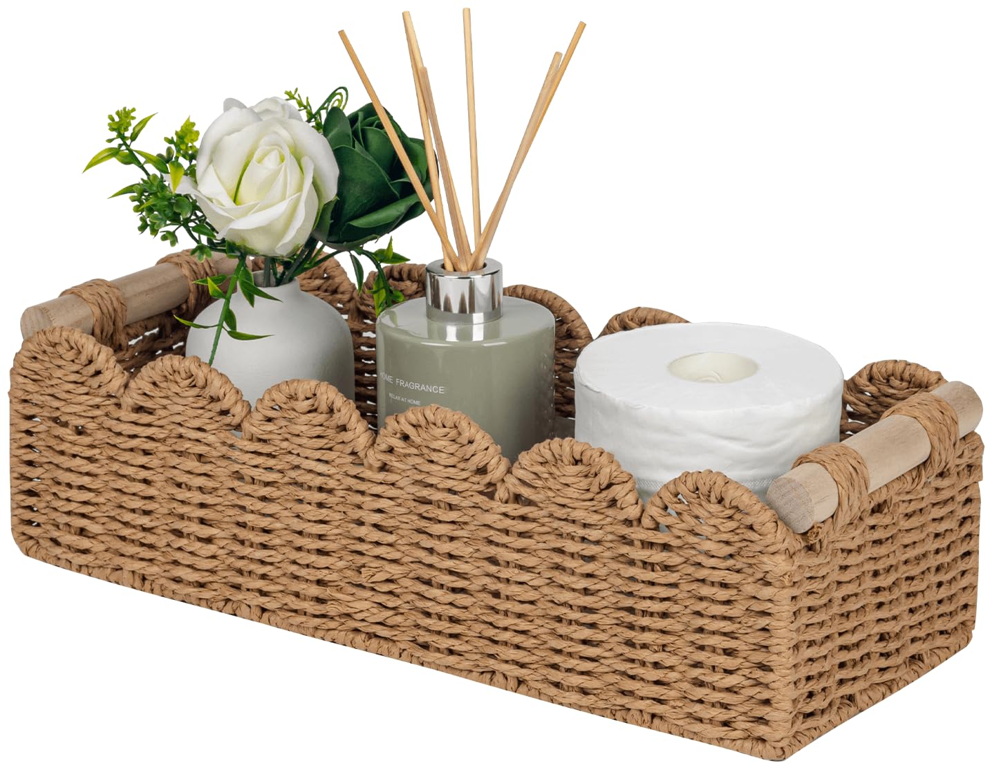 CubesLand scalloped toilet paper storage basket with handle holding toilet rolls