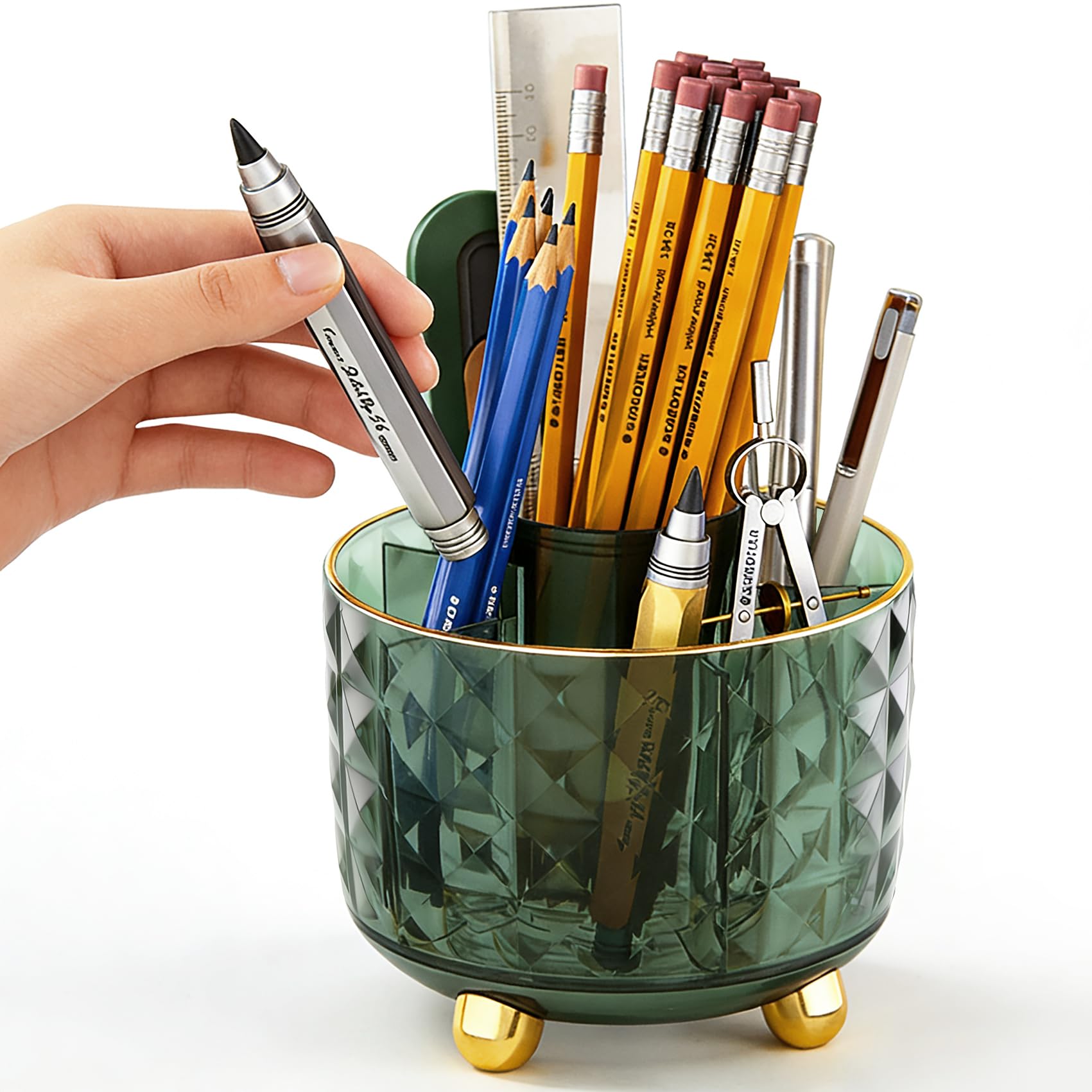 GOTOBA dark green 360-degree rotating six-compartment pen and pencil holder on a desk