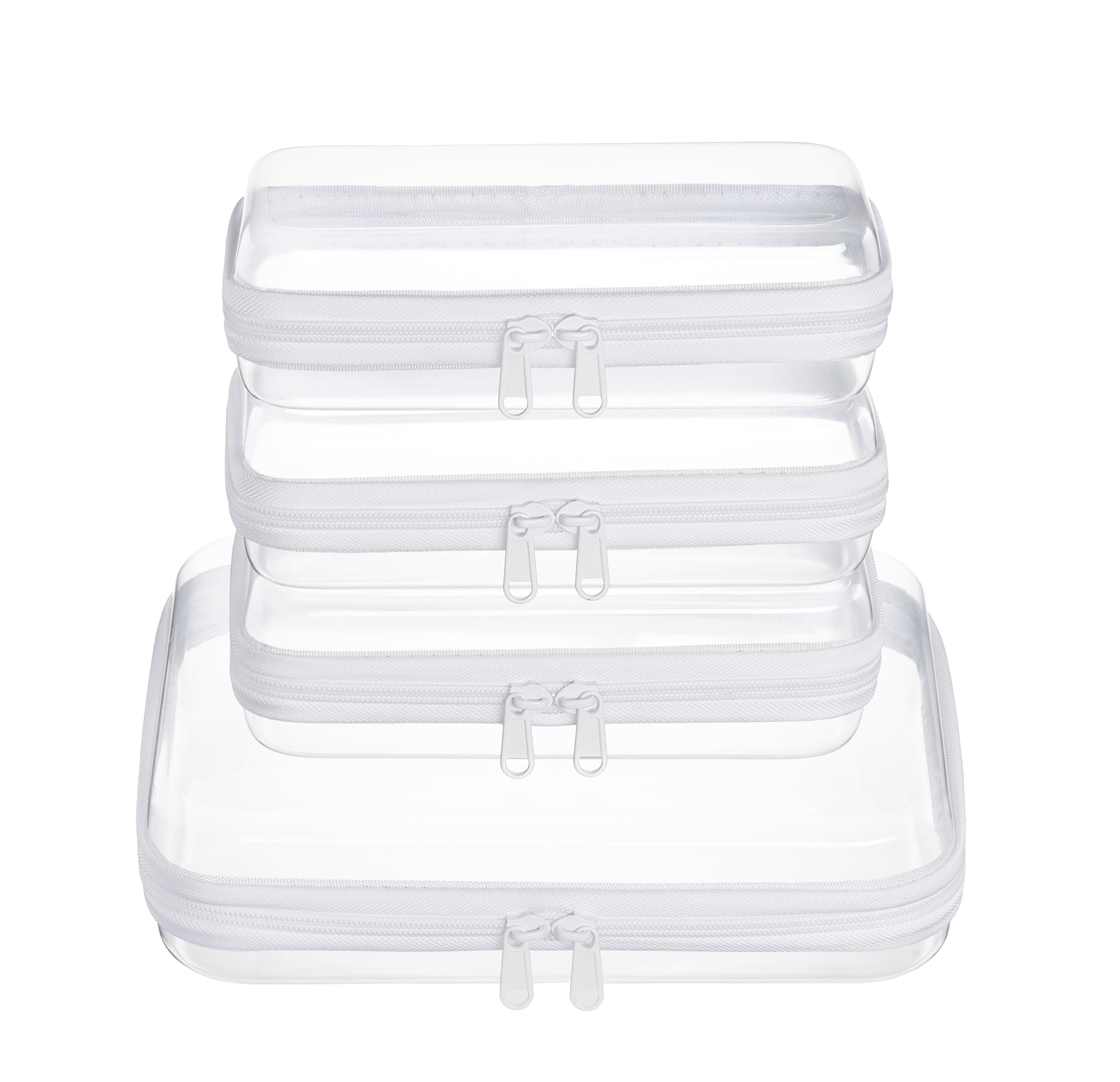 Four WELPIRT clear hard-shell zipper pouches on a white background