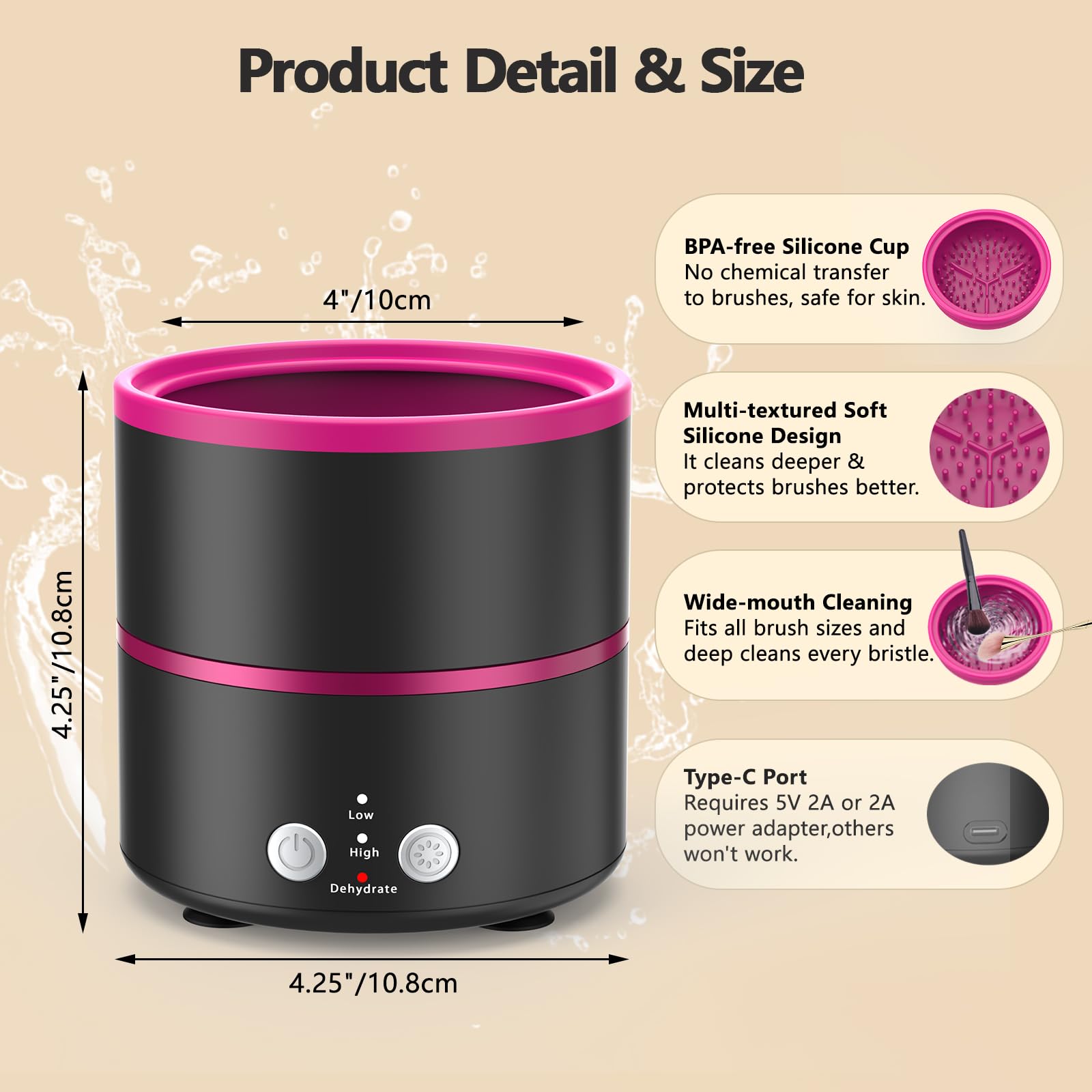 Cucufor Electric Makeup Brush Cleaner Machine - 2 Adjustable Clean Speeds & Powerful Dehydration Function Portable Cosmetic Brushes Cleaner for All Size Beauty Makeup Brush Set image 7