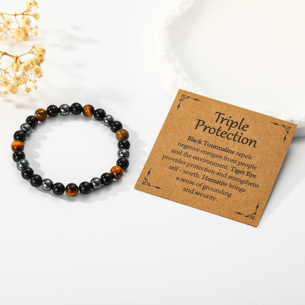 Gnamy Bracelets for Women, Triple Protection Healing Crystal Beaded Bracelets Hematite Black Tourmaline Tigers Eye Natural Worry Stones Anxiety Bracelet Birthday Christmas Jewelry Presents for Mom Best Friends Her Adults Grandma image 3