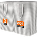 Two grey Lifewit collapsible laundry baskets 80L each, freestanding with reinforced handles