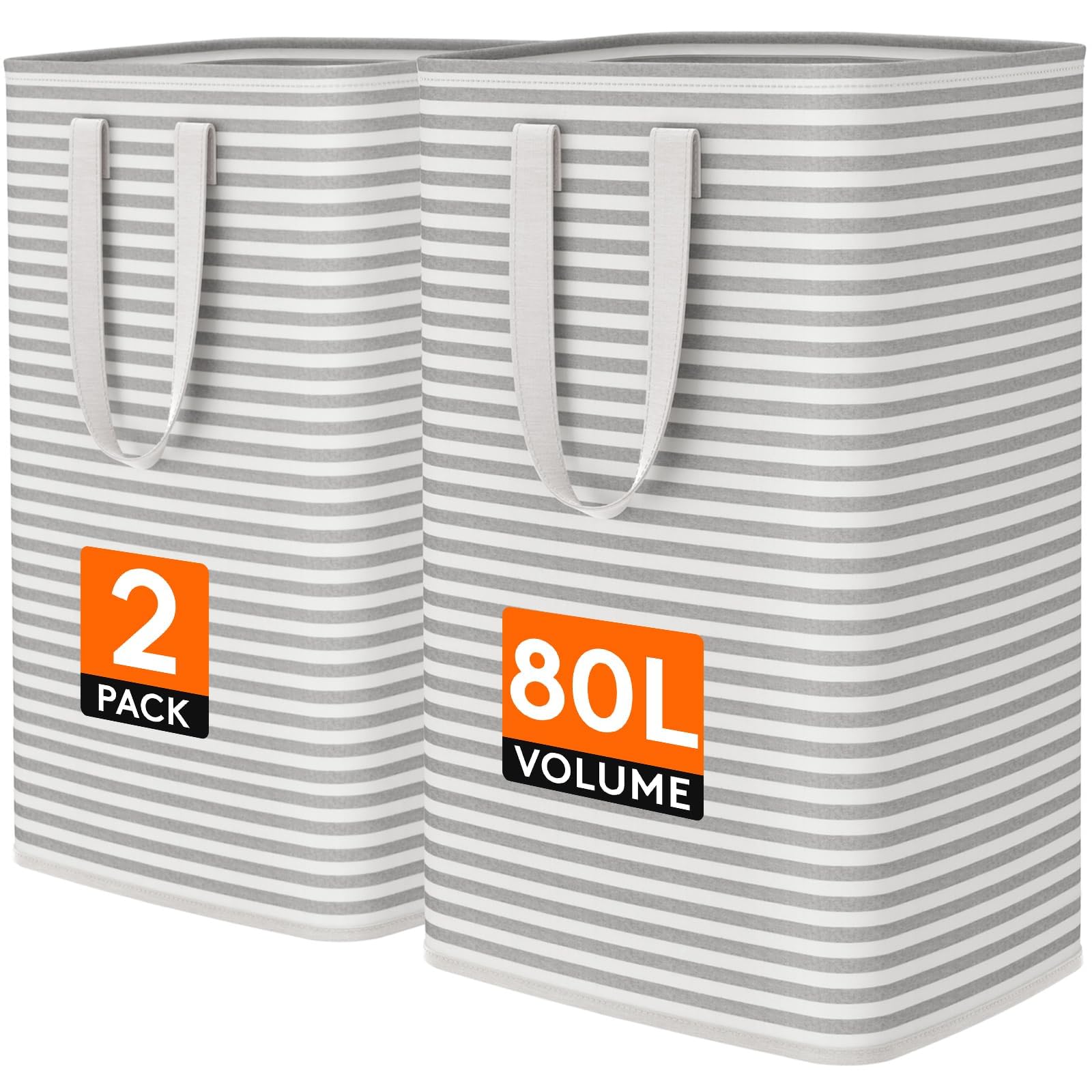 Two grey Lifewit collapsible laundry baskets 80L each, freestanding with reinforced handles