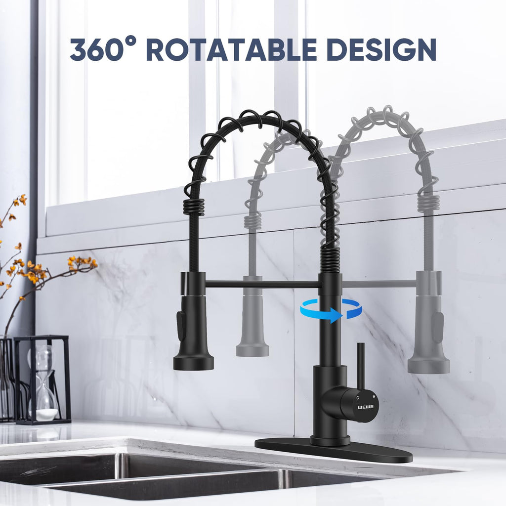 WEWE Black Kitchen Faucet with Pull Down Sprayer, High Arc Bar Sink Faucet image 5