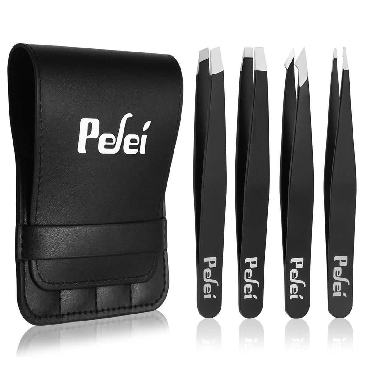 Black Pefei stainless steel eyebrow tweezers on white background