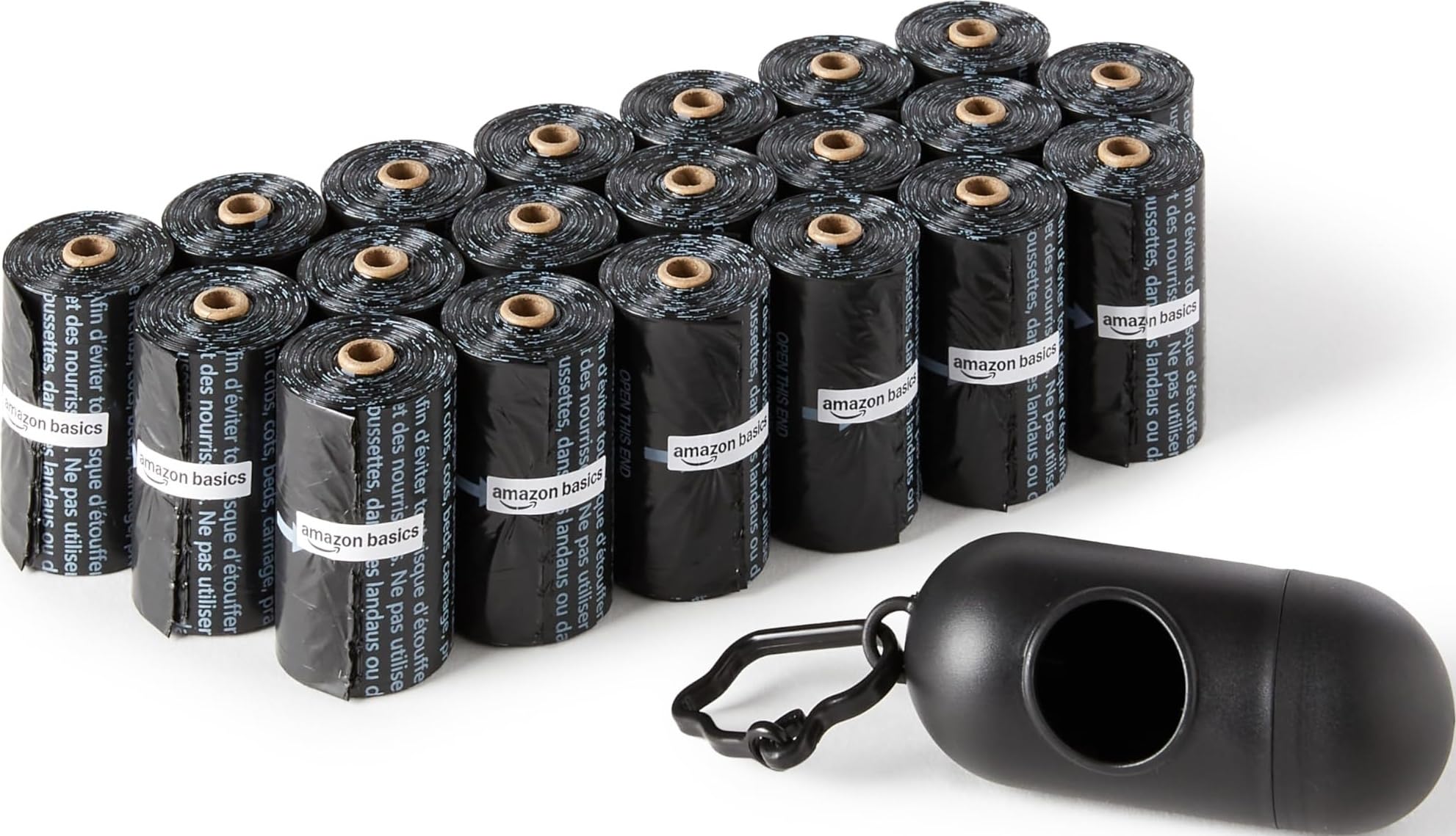 Rolls of Amazon Basics large dog poop bags beside a dispenser with leash clip