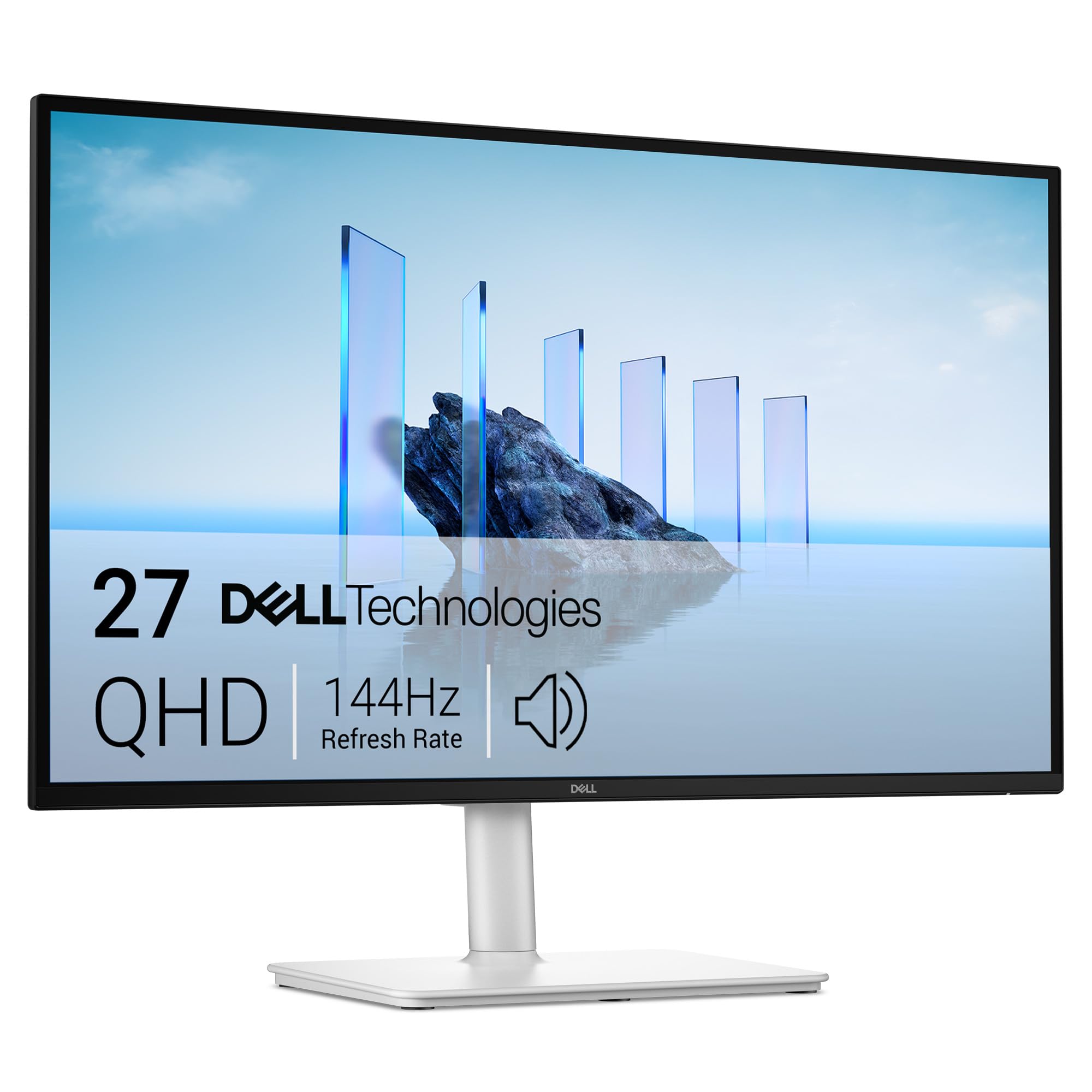Ash white Dell 27-inch QHD S2725DSM monitor on adjustable stand, front view