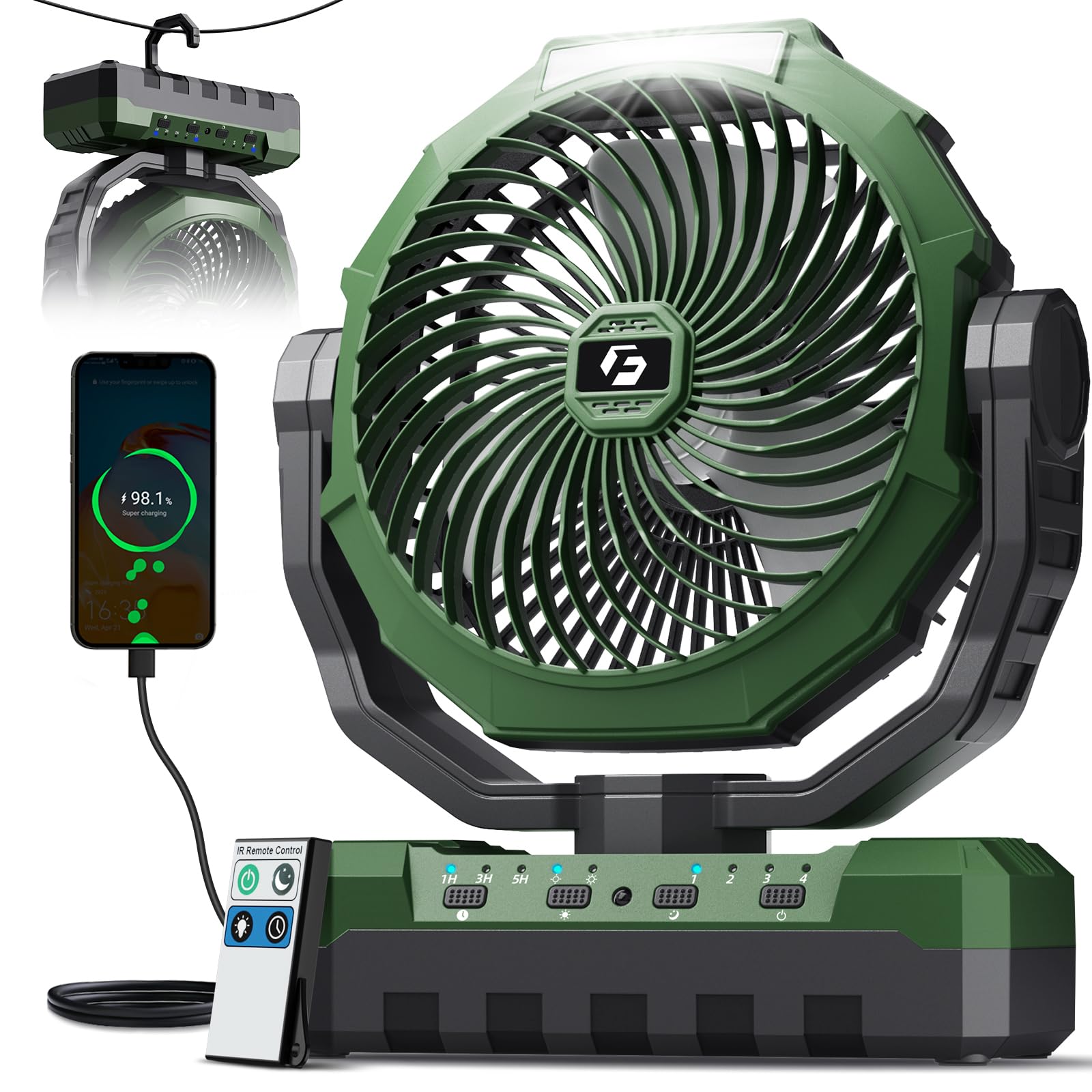 Green FRIZCOL 3-in-1 rechargeable camping fan, 24000mAh battery, LED light, remote control