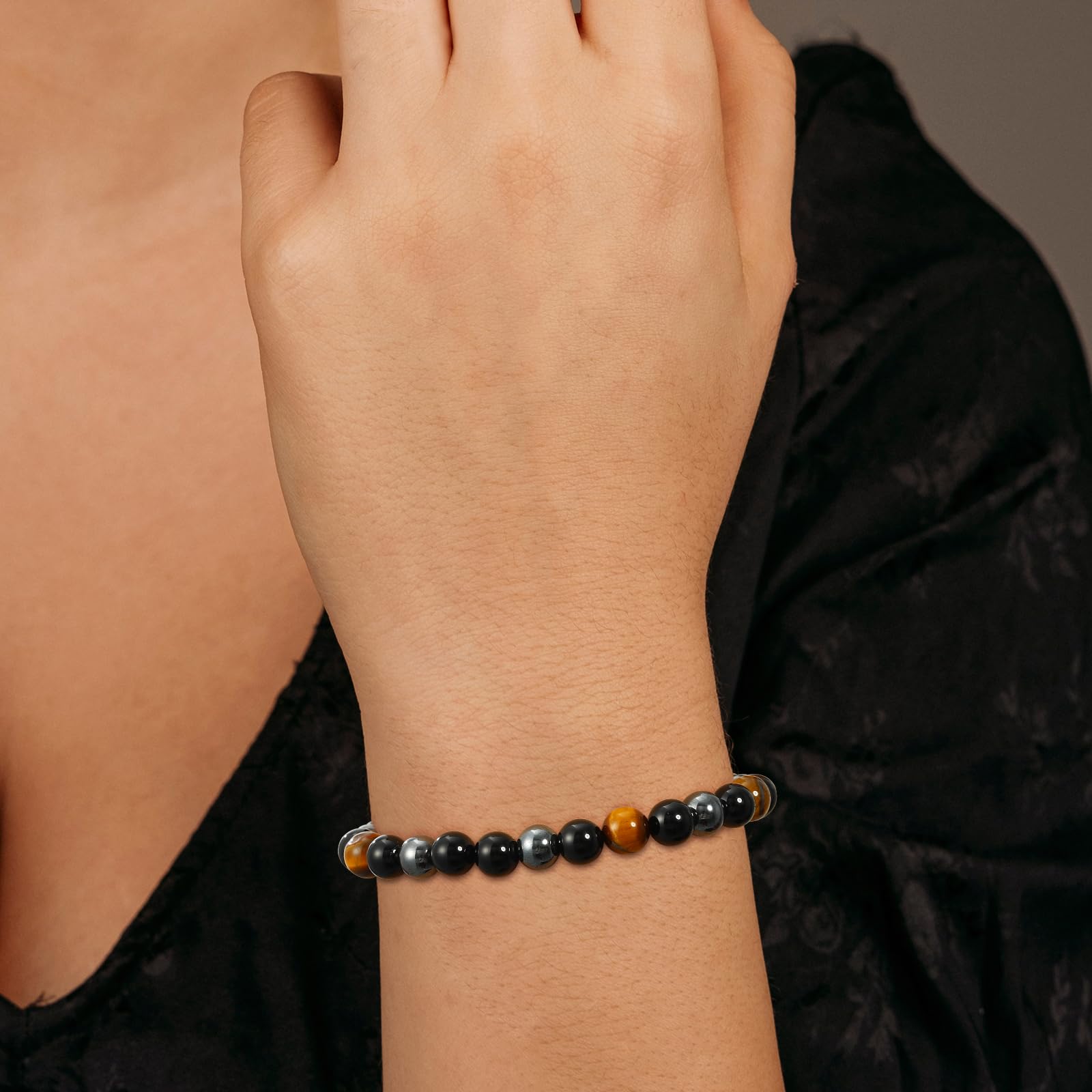 Gnamy Bracelets for Women, Triple Protection Healing Crystal Beaded Bracelets Hematite Black Tourmaline Tigers Eye Natural Worry Stones Anxiety Bracelet Birthday Christmas Jewelry Presents for Mom Best Friends Her Adults Grandma image 5