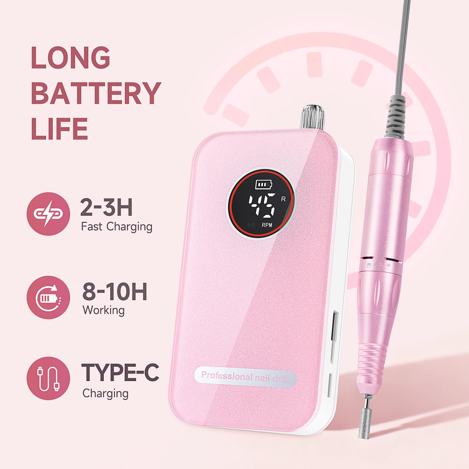 Professional Nail Drill Electric File 45000RPM, Portable Rechargeable Electric Nail File with 11 Drill Bits & 50 Sanding Bands, Low Noise Nail Drill Kit for Acrylic Gel Nails, Salon & Home Use, Pink image 3