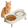 White elevated cat bowl with two stainless steel bowls in splash-proof base