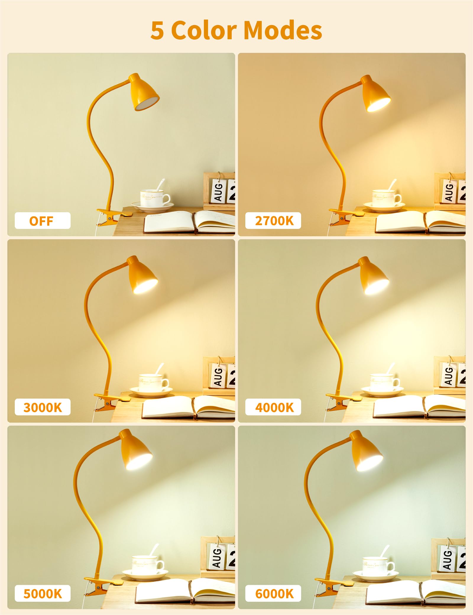 BOHON Clip on Light, Desk Lamp with Clamp, 5 Color 10 Brightness Yellow image 2