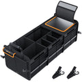 HEYTRIP large trunk organizer with built-in leakproof cooler bag, removable dividers and tie-down straps in a car trunk