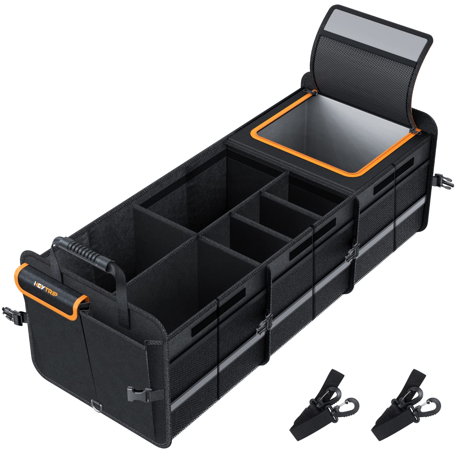HEYTRIP large trunk organizer with built-in leakproof cooler bag, removable dividers and tie-down straps in a car trunk