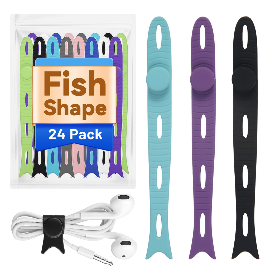 SOLIDATOR 24-Pack Reusable Fish-Shape Silicone Cable Ties – 8 Colors, 4.7” Adjustable Cord Organizers for Cords & Electronics, Cord Wraps for Charging Cables, Cable Management for Home & Office
