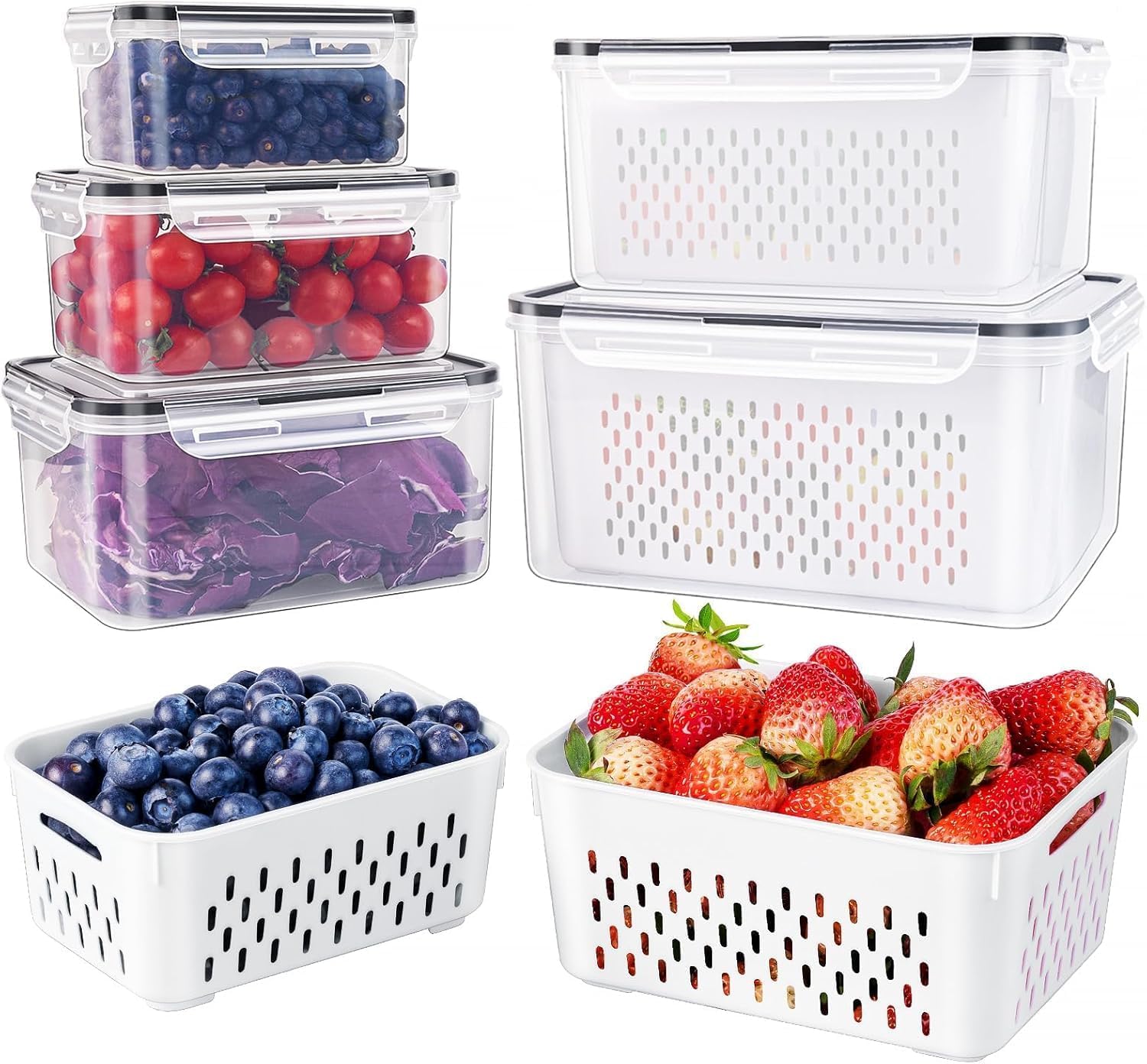 Freshmage large clear plastic fruit storage containers stacked in a refrigerator
