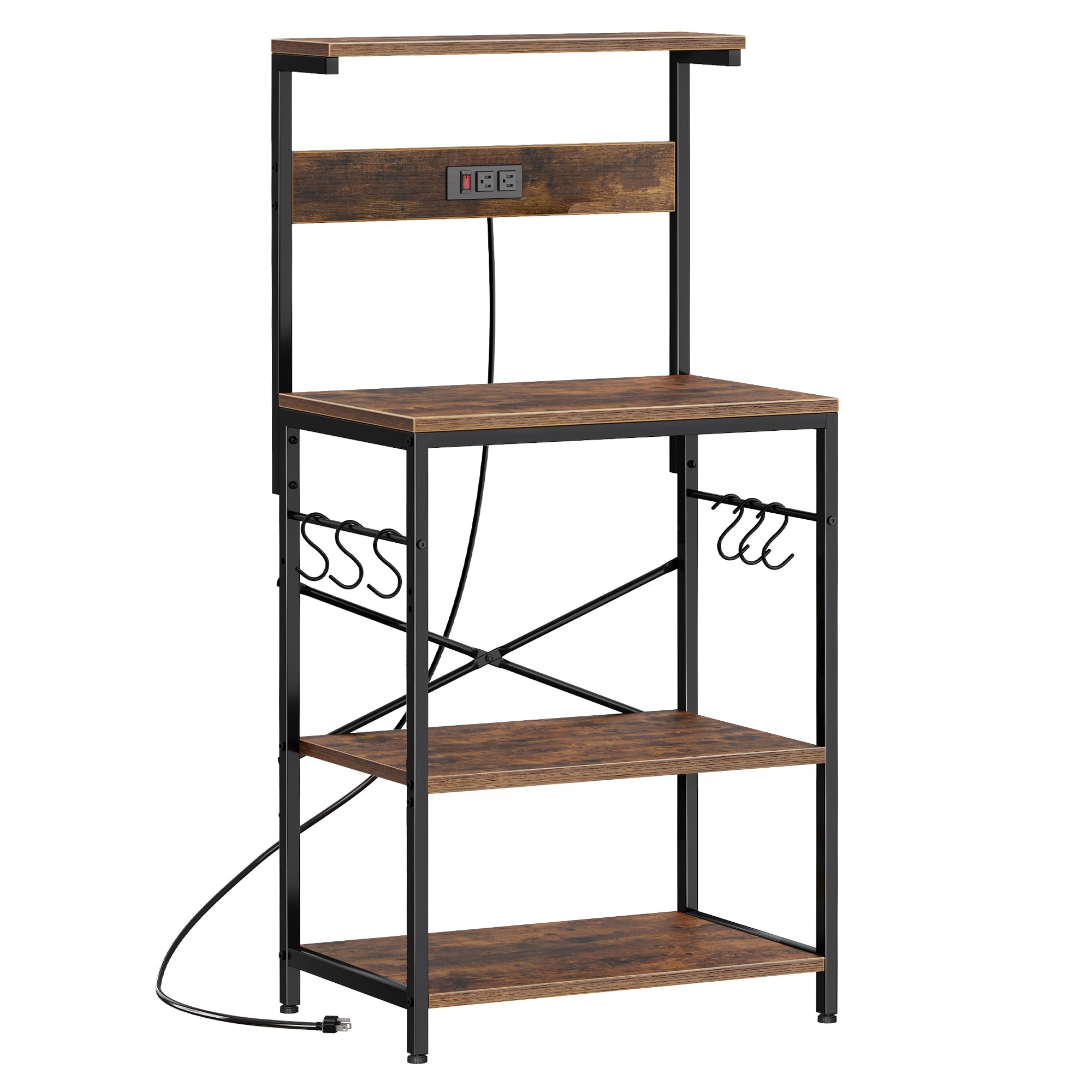 SUPERJARE 4-tier rustic brown kitchen baker's rack includes microwave shelf, power outlet, six S-shaped hooks