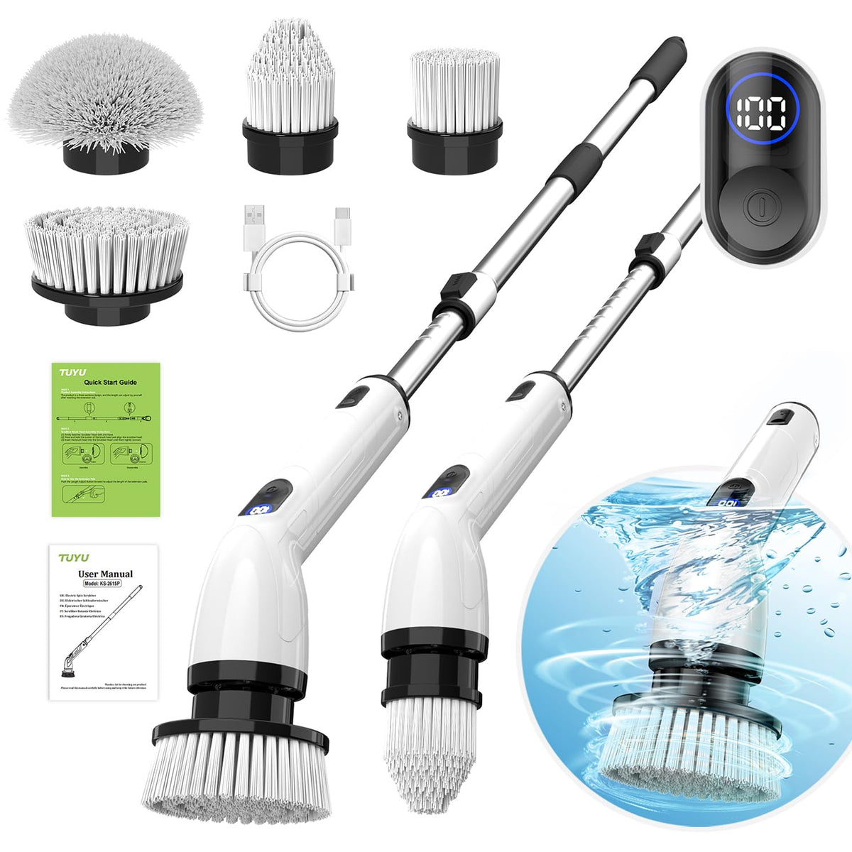 TUYU cordless electric spin scrubber with detachable brush head