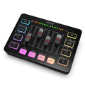 FIFINE SC3 gaming audio mixer showing RGB lights, XLR input, volume fader, 48V phantom power
