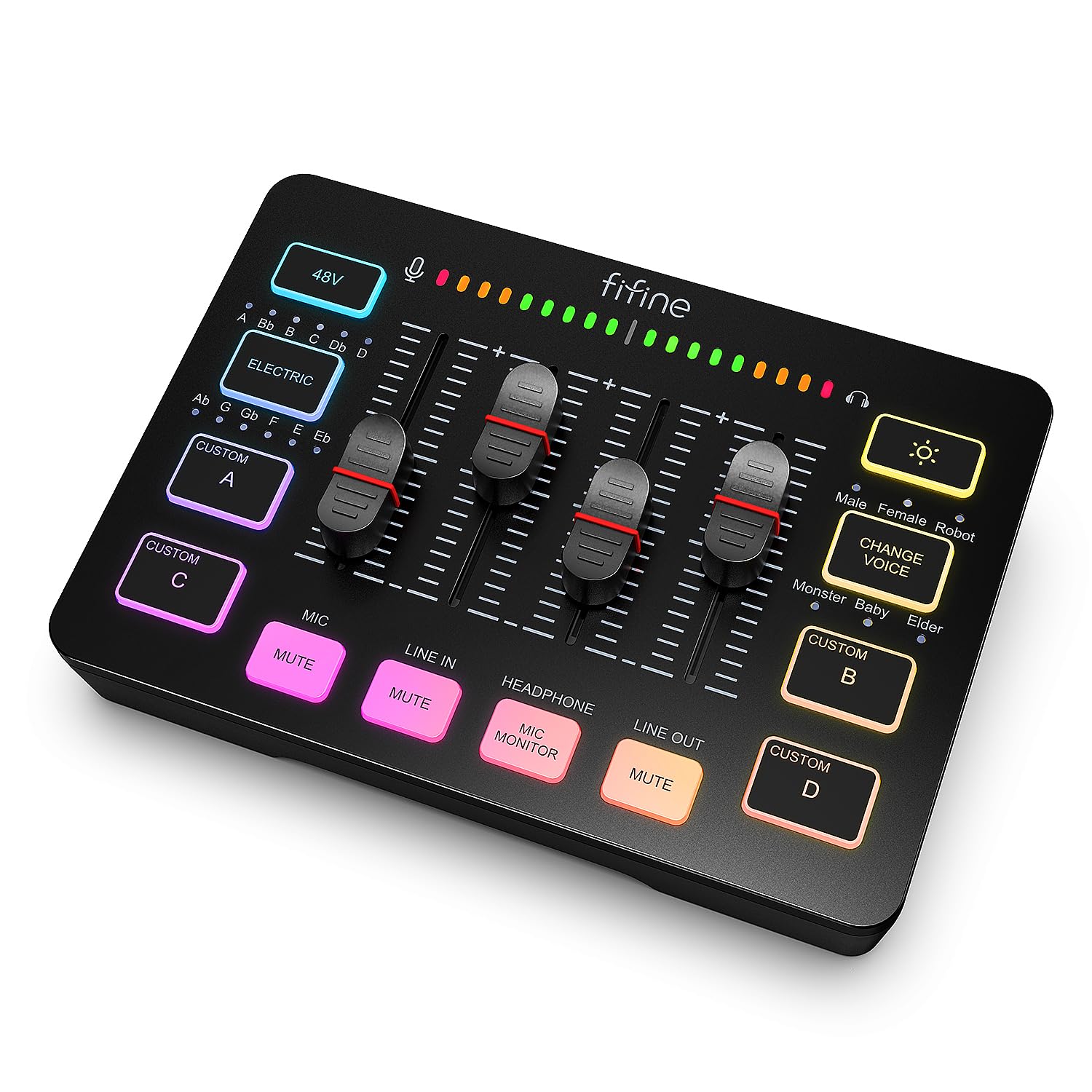 FIFINE SC3 gaming audio mixer showing RGB lights, XLR input, volume fader, 48V phantom power