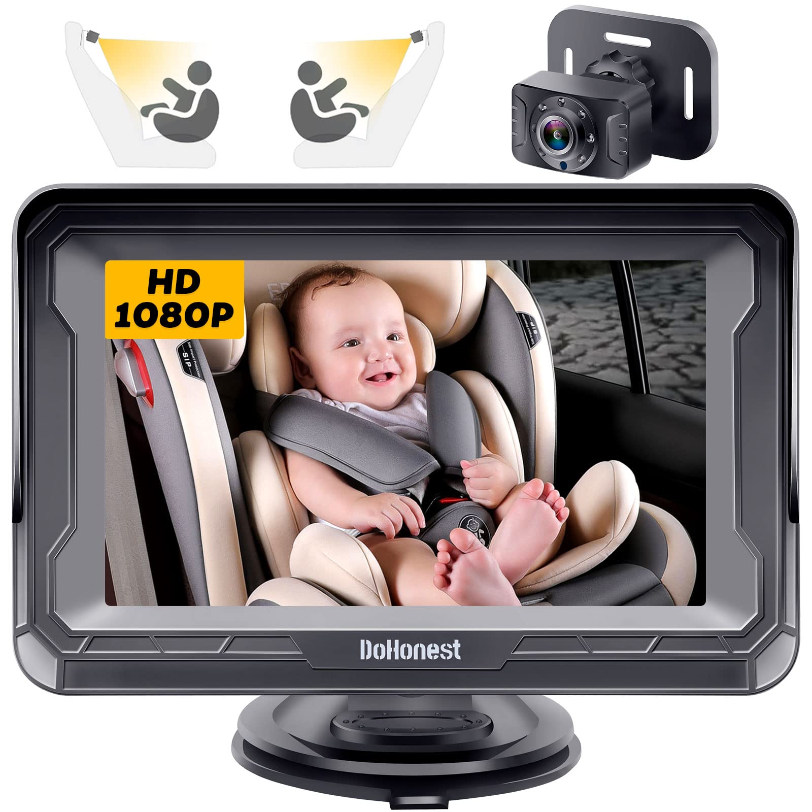 DoHonest 1080P rear-facing baby car camera mounted on headrest showing backseat view
