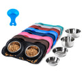 Hubulk stainless steel dog bowl on black non-skid silicone mat with pet food scoop
