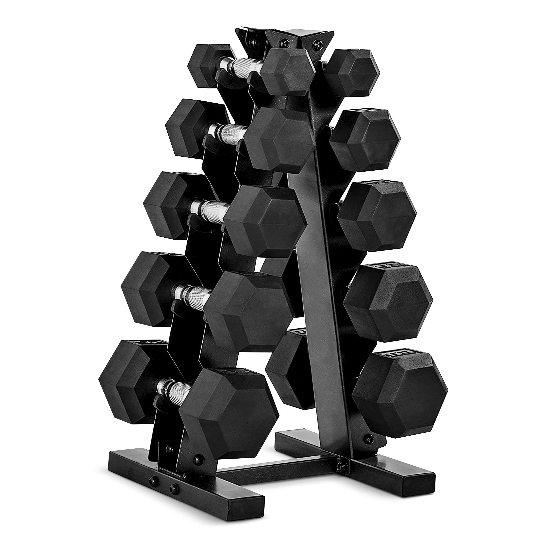 CAP 150lb rubber hex dumbbell set with chrome grips on black A-frame storage rack