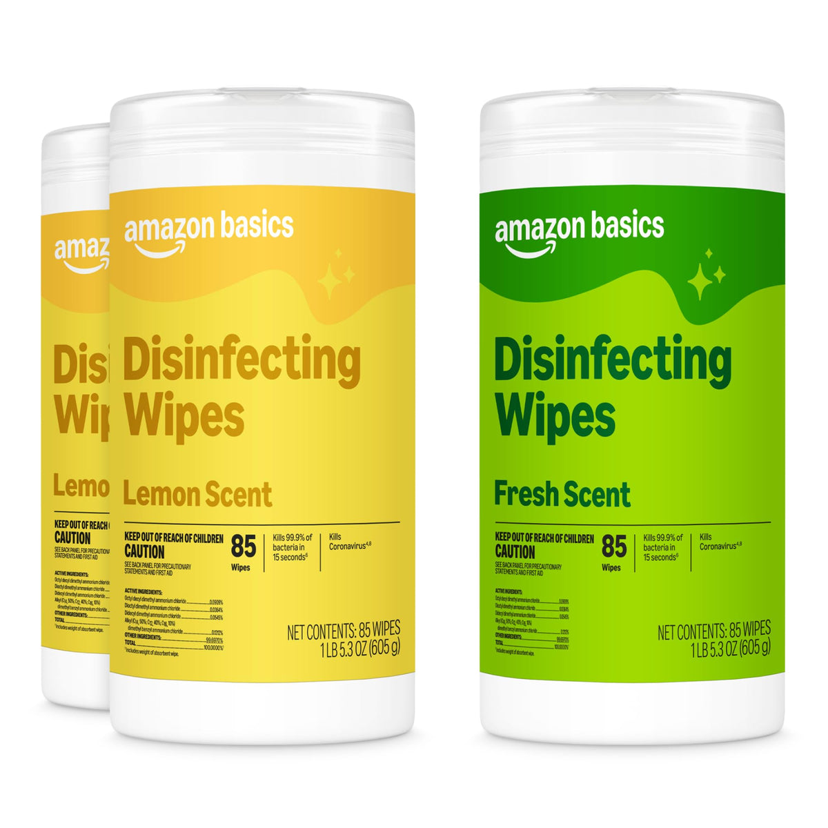Amazon Basics disinfecting wipes lemon scent three 85-count packs (255 total)