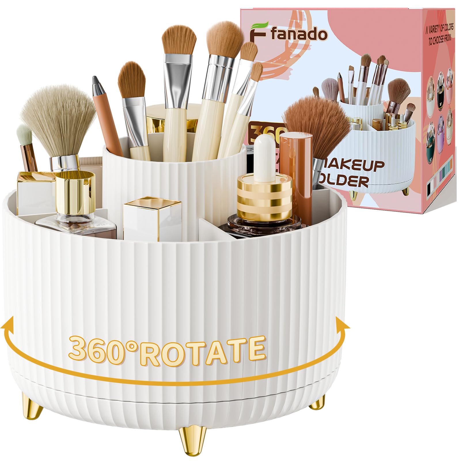 White fanado 360° rotating makeup brush holder organizer on vanity countertop