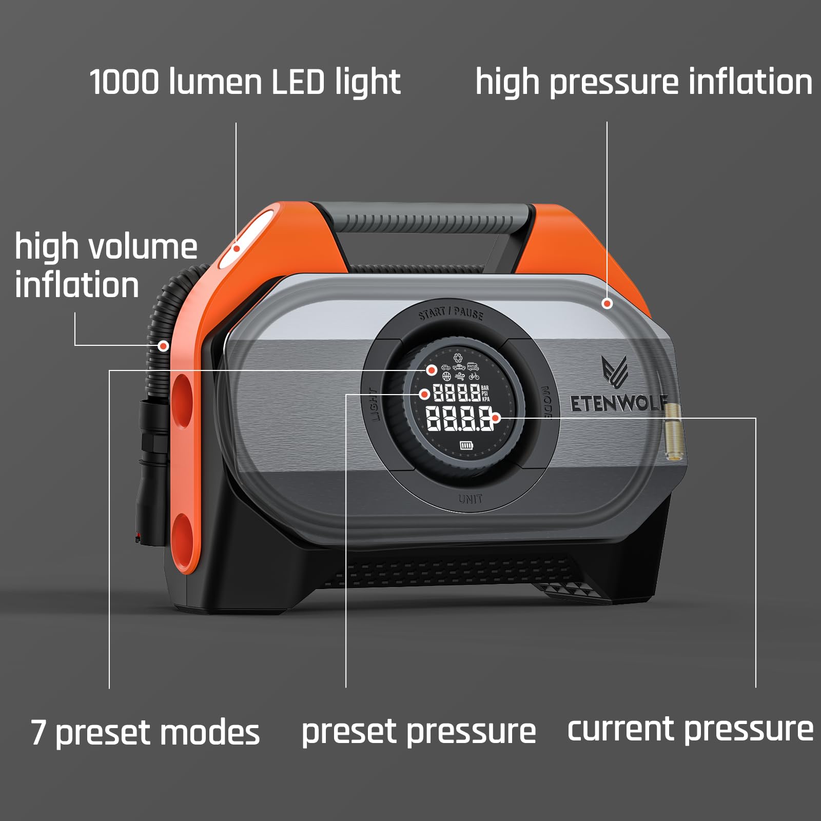 ETENWOLF VORTEX S6 Tire Inflator Portable Air Compressor, Cordless Air Pump image 8
