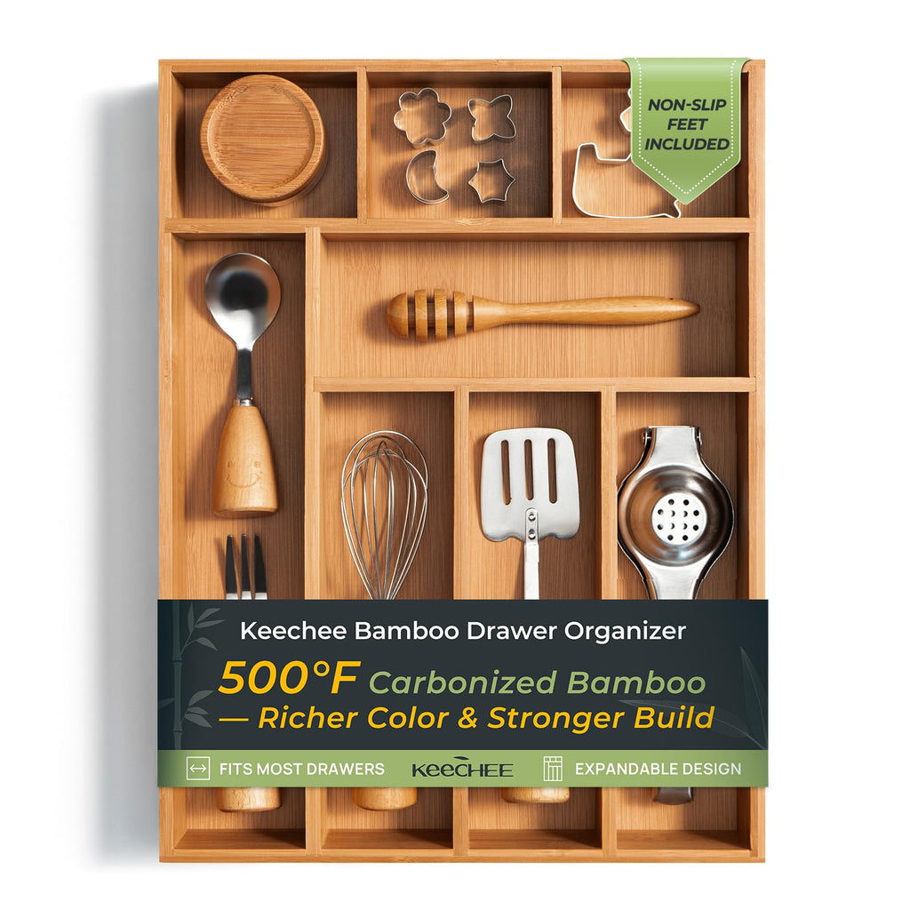 Carbonized Kitchen Drawer Organizer, 8 Slots Silverware Organizer, Utensil Holder & Cutlery Tray, 2.2" Deep for Extra Capacity, Non-Slip Feet Included