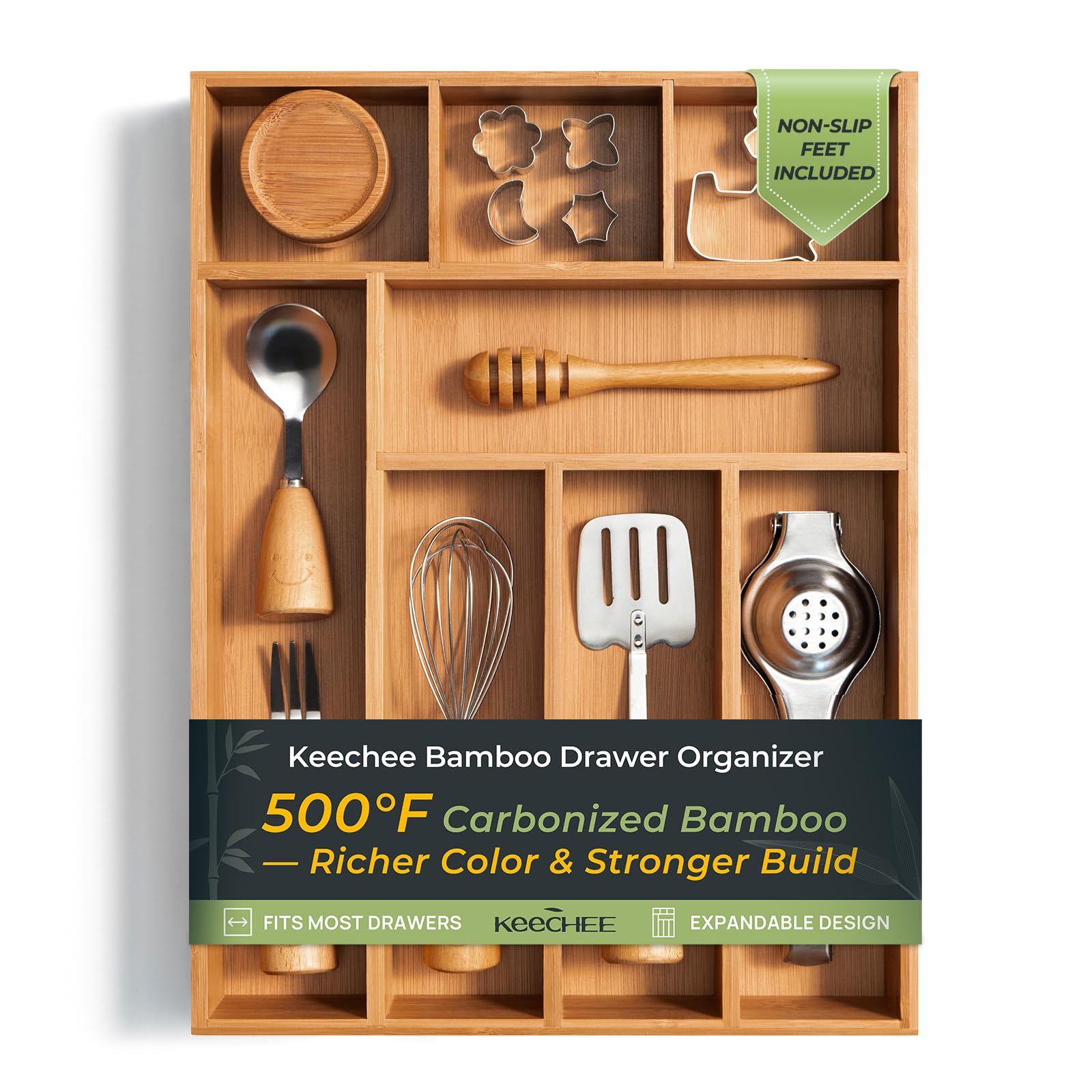 Carbonized Kitchen Drawer Organizer, 8 Slots Silverware Organizer, Utensil Holder & Cutlery Tray, 2.2" Deep for Extra Capacity, Non-Slip Feet Included