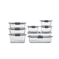 Clear Rubbermaid Brilliance glass food containers featuring snap-on lids in assorted sizes
