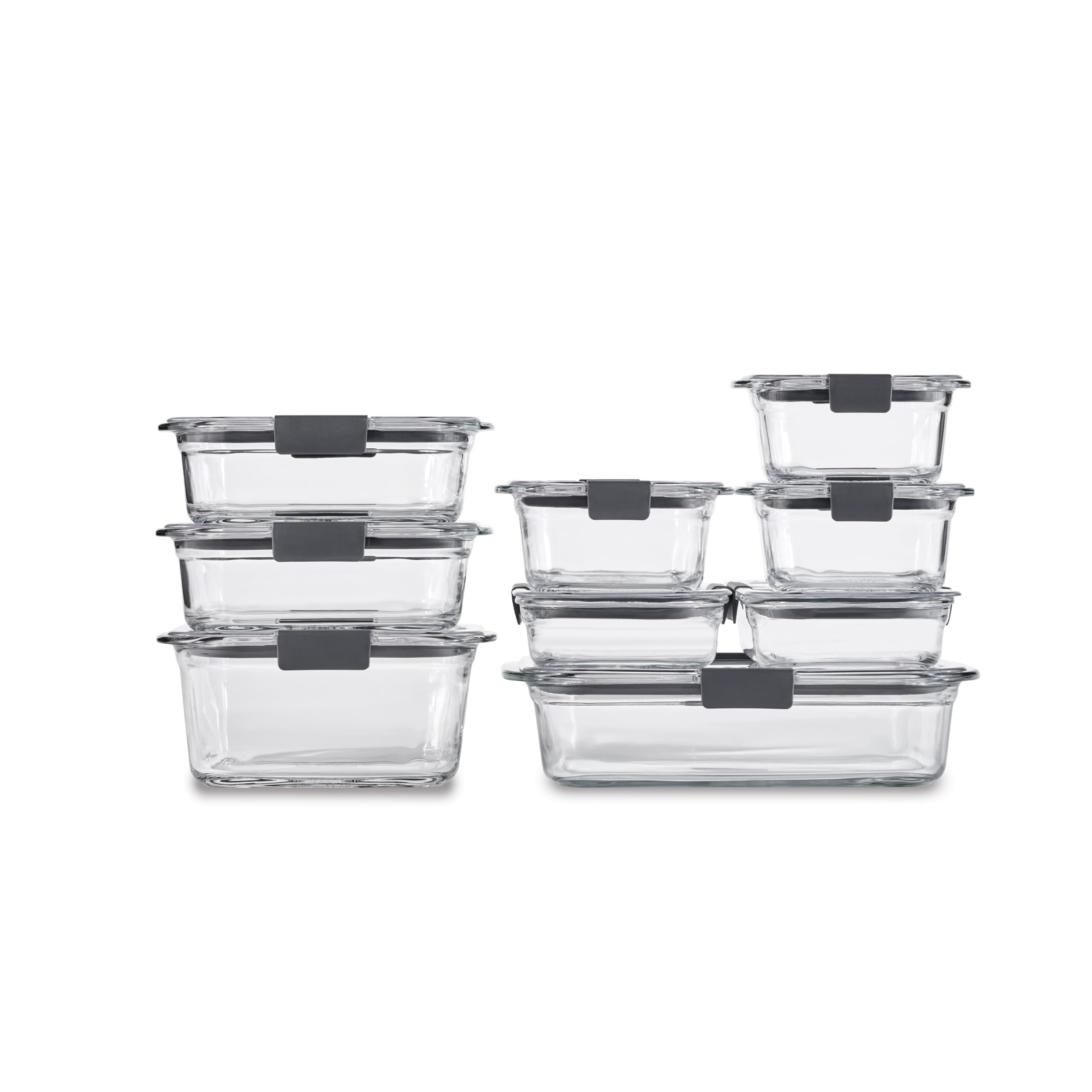 Clear Rubbermaid Brilliance glass food containers featuring snap-on lids in assorted sizes