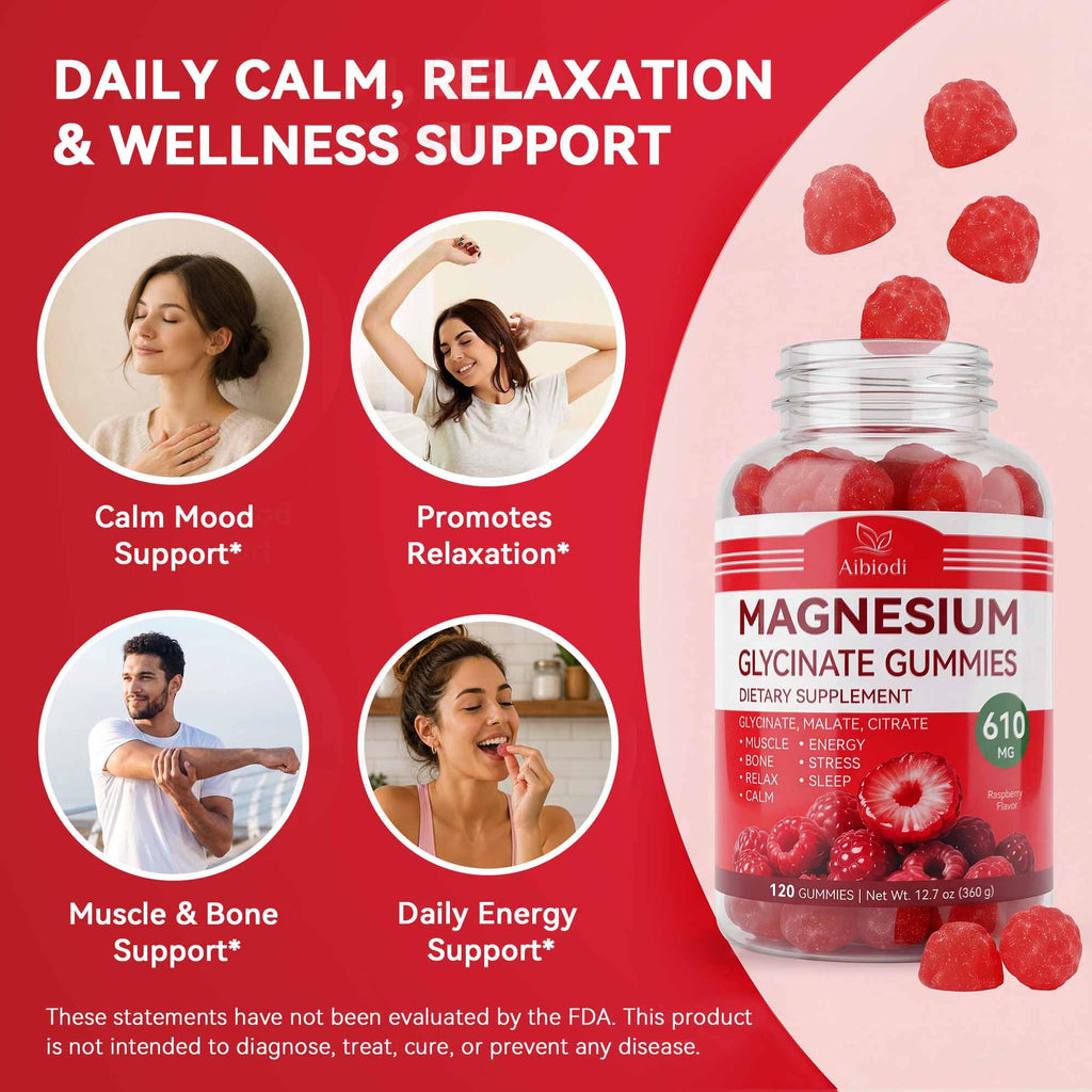 Aibiodi Magnesium Glycinate Gummies 610mg, Magnesium Glycinate, Citrate, Malate Gummies for Adults & Kids, Sleep, Relaxation, Muscle & Bone Support, 120 Chews, Raspberry Flavor image 3