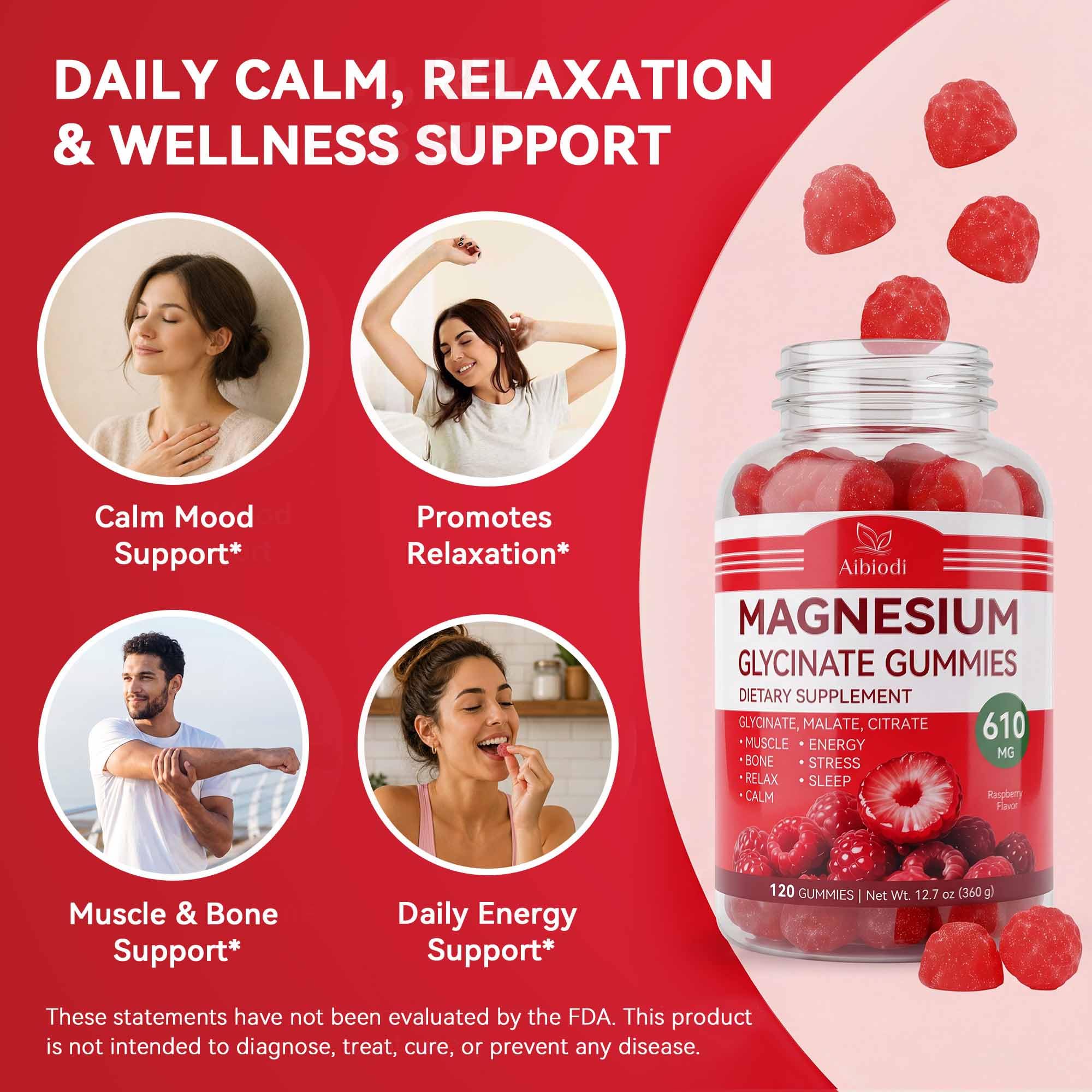 Aibiodi Magnesium Glycinate Gummies 610mg, Magnesium Glycinate, Citrate, Malate Gummies for Adults & Kids, Sleep, Relaxation, Muscle & Bone Support, 120 Chews, Raspberry Flavor image 3