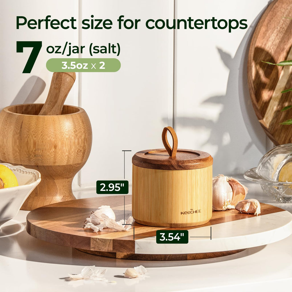 keechee Bamboo Salt Cellar with Acacia Lid & Spoon, 7oz Capacity with Built-In Spoon Slot & Labels, Two-Tone Countertop Seasoning Container (Dual Compartment (Divided) - 1 Pack) image 2
